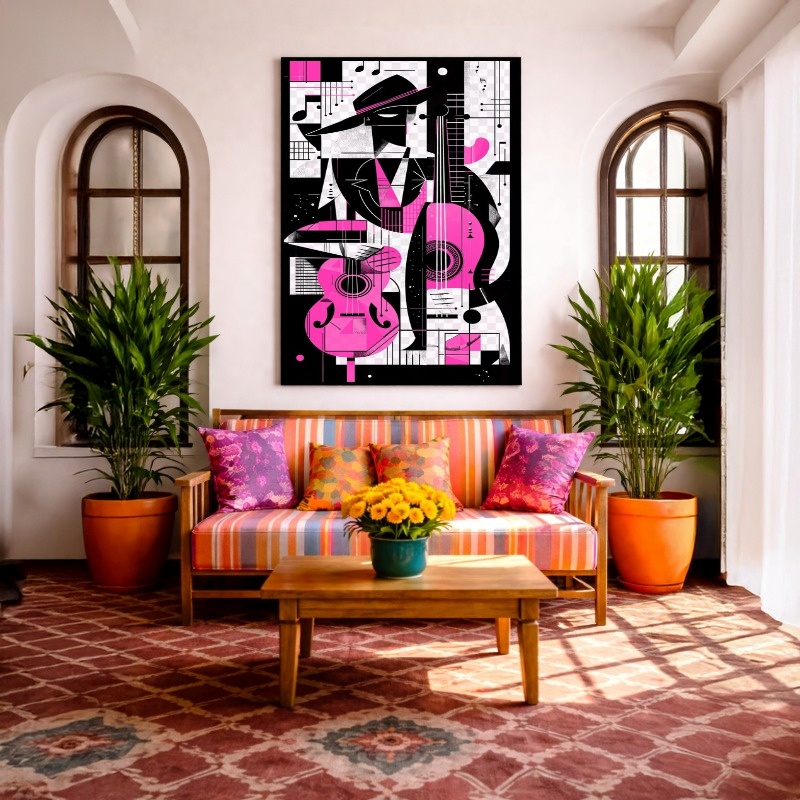 Quadro Canvas Geométrico Desenho Musical Lilás