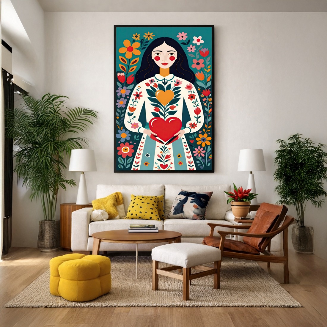 Quadro Canvas Ilustração Colorida Coração Florido