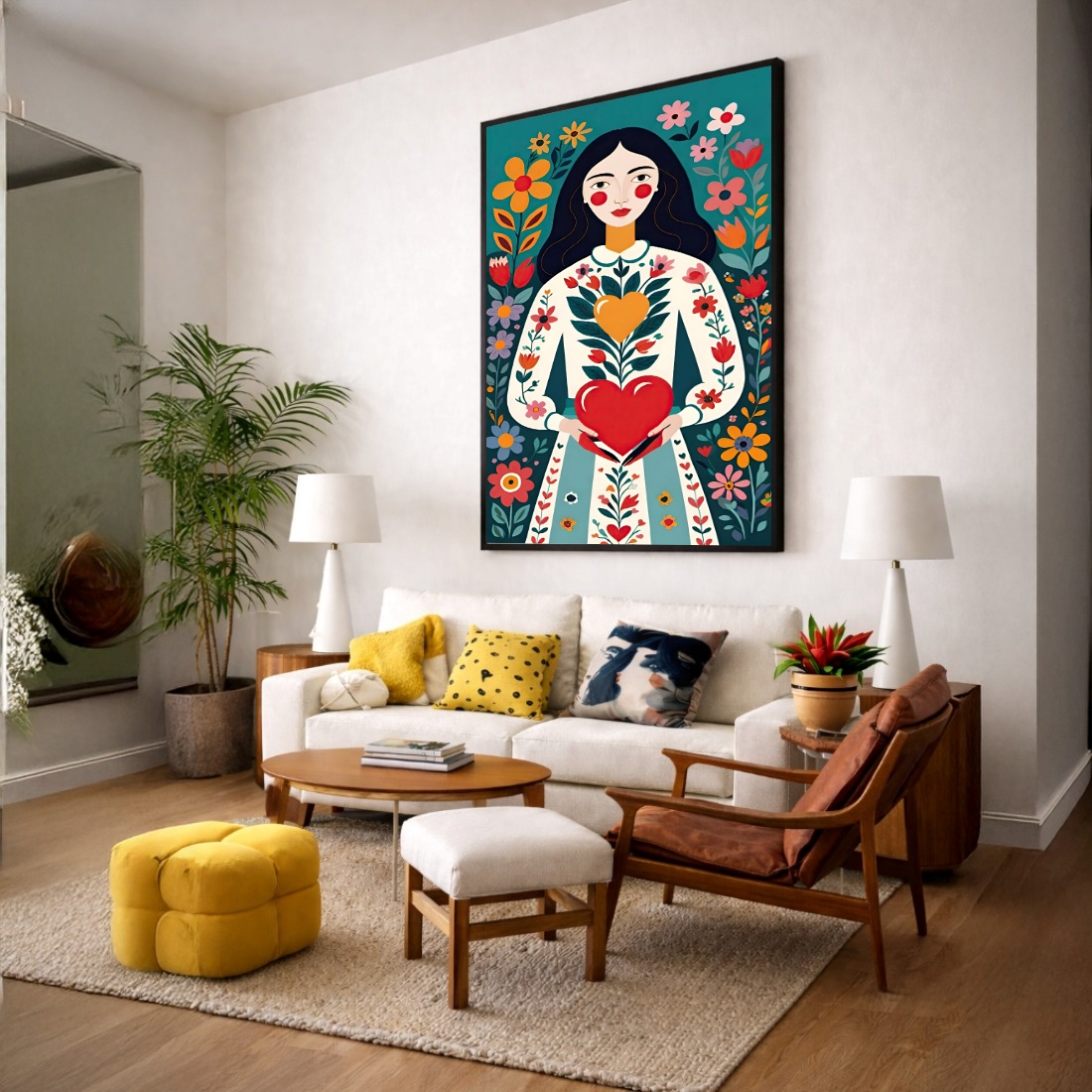 Quadro Canvas Ilustração Colorida Coração Florido