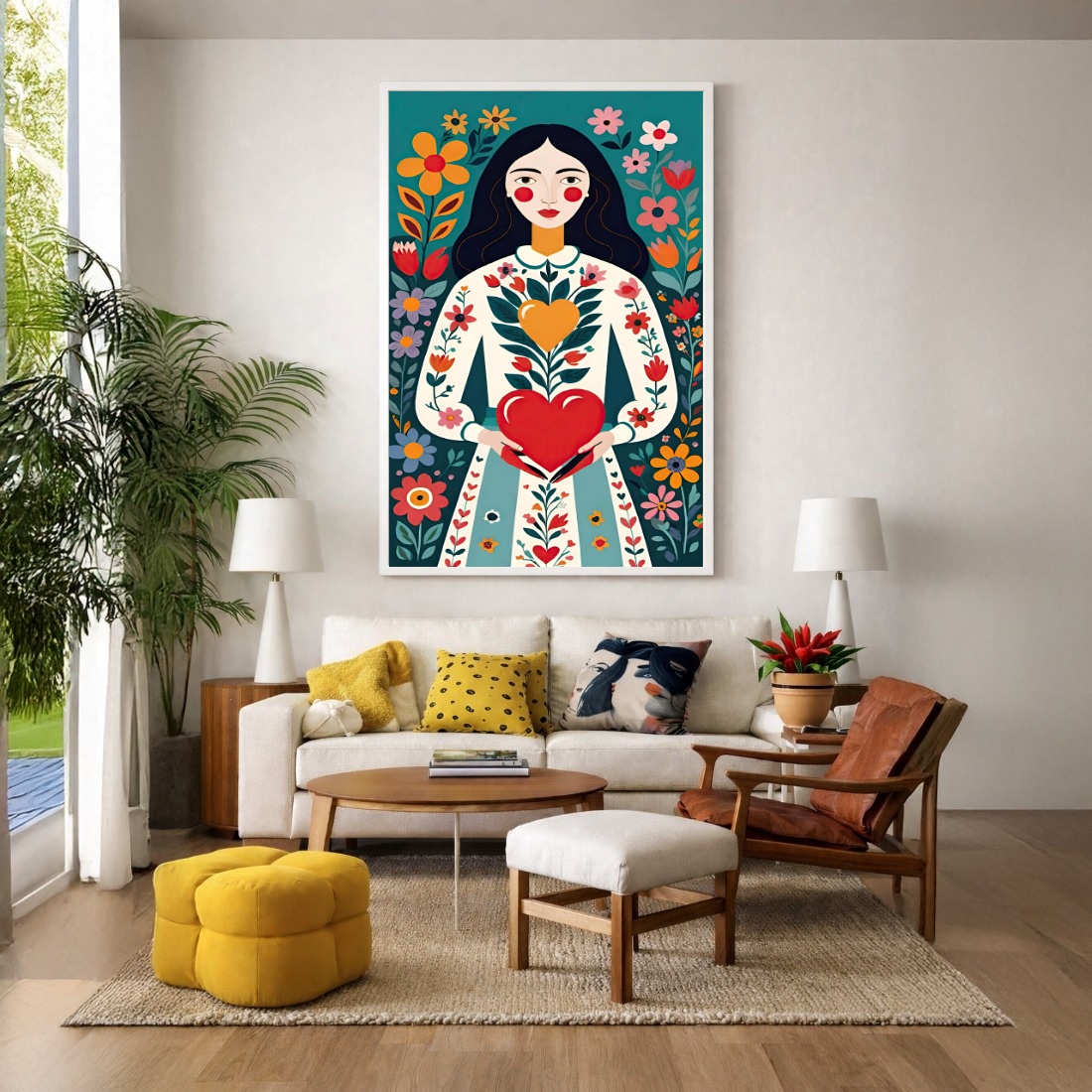 Quadro Canvas Ilustração Colorida Coração Florido
