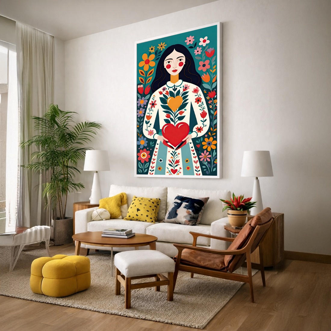 Quadro Canvas Ilustração Colorida Coração Florido