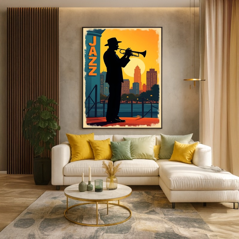 Quadro Canvas Ilustração Música Jazz Amarelo