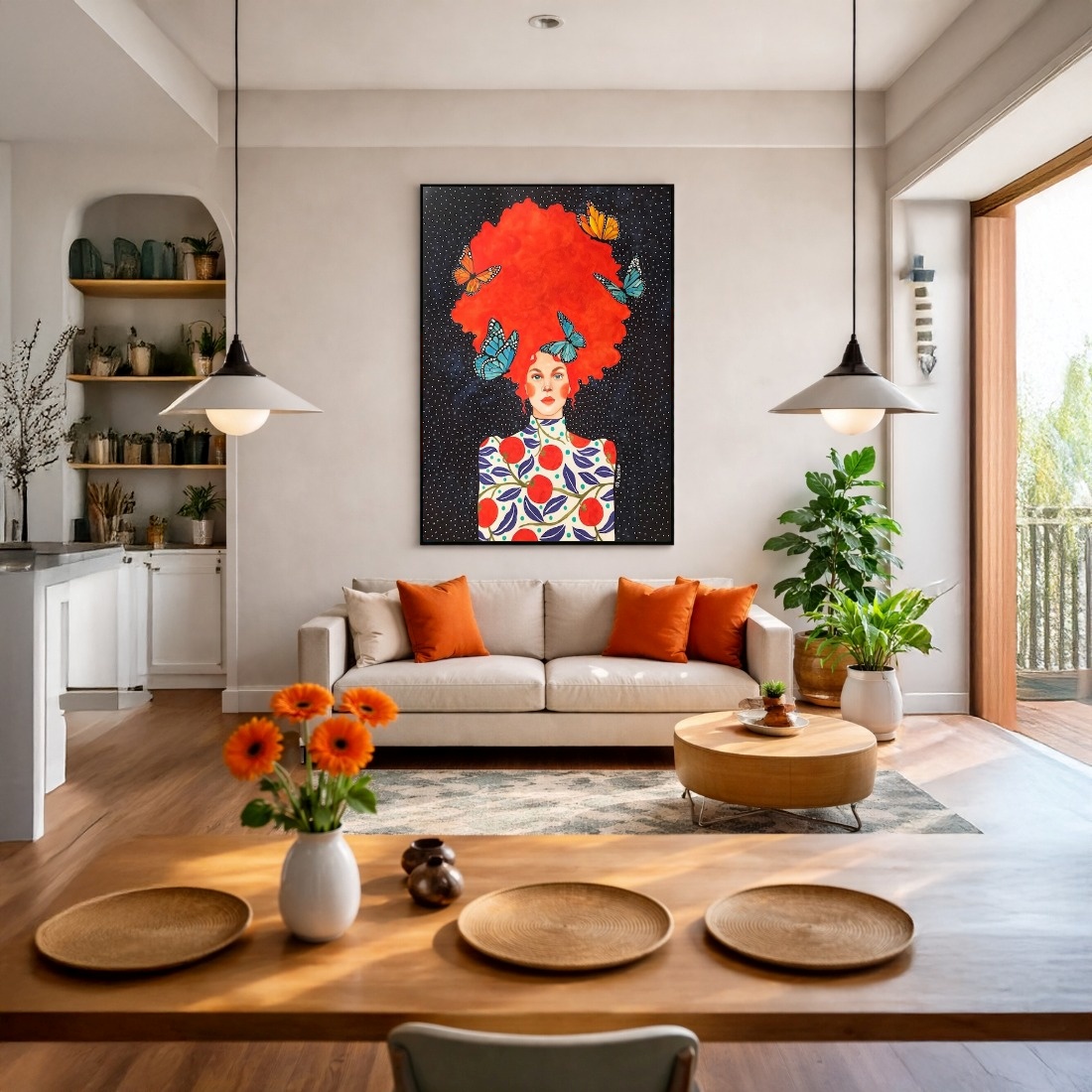 Quadro Canvas Ilustração Ruiva Borboletas Cabelo