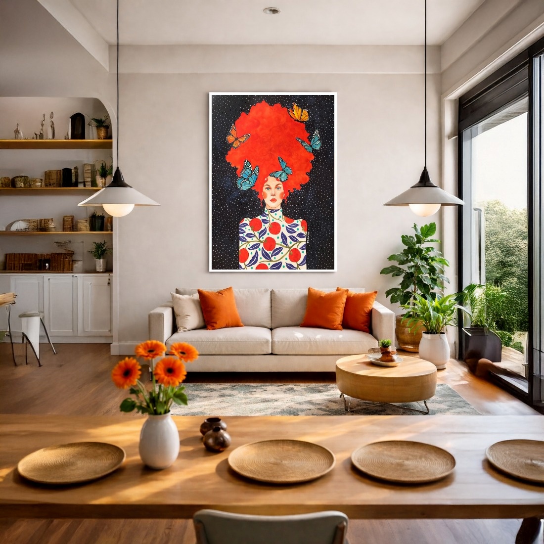 Quadro Canvas Ilustração Ruiva Borboletas Cabelo
