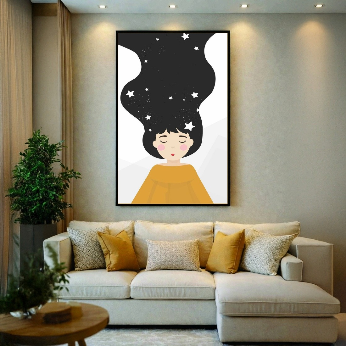 Quadro Canvas Menina Desenho Estrelas Amarelo