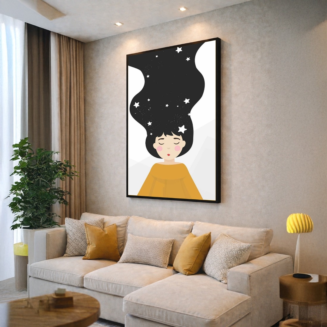 Quadro Canvas Menina Desenho Estrelas Amarelo
