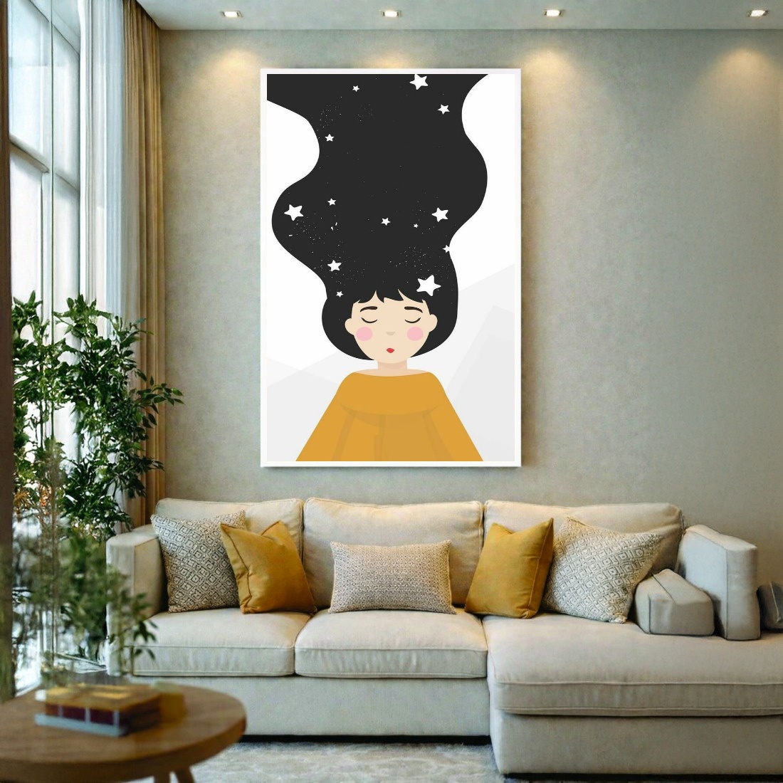 Quadro Canvas Menina Desenho Estrelas Amarelo