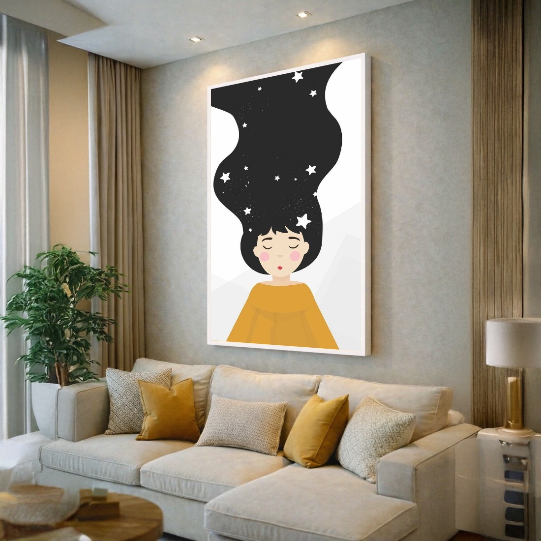 Quadro Canvas Menina Desenho Estrelas Amarelo