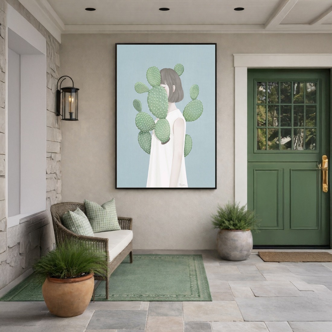 Quadro Canvas Menina Ilustração Cactos Verde