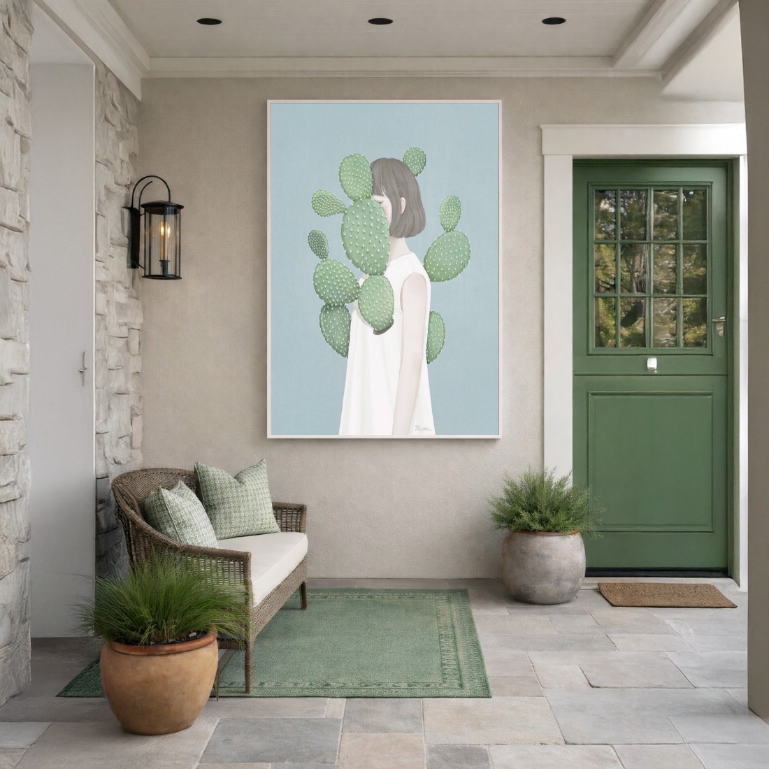 Quadro Canvas Menina Ilustração Cactos Verde