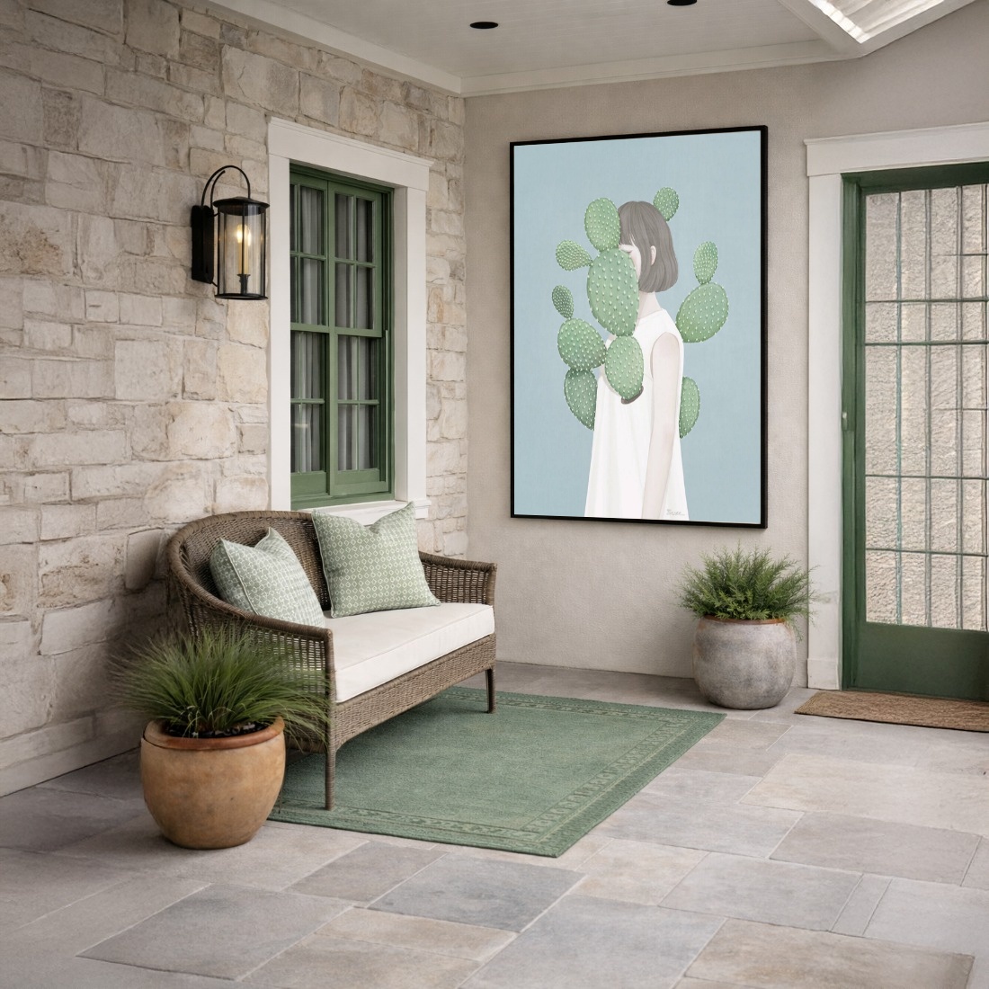 Quadro Canvas Menina Ilustração Cactos Verde