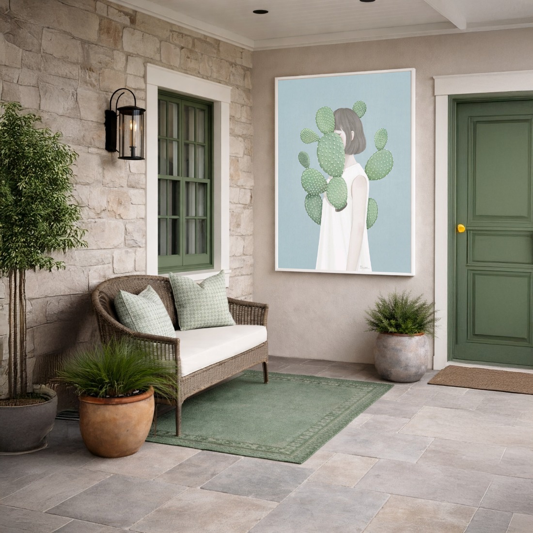 Quadro Canvas Menina Ilustração Cactos Verde
