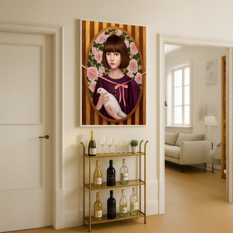 Quadro Canvas Menina Pomba Rosas