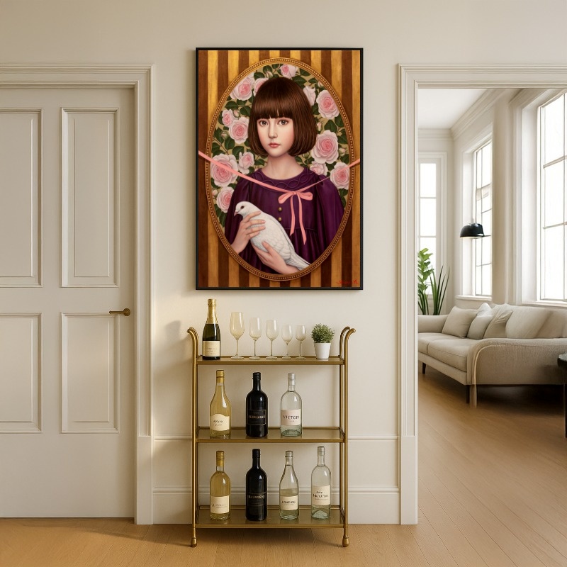 Quadro Canvas Menina Pomba Rosas