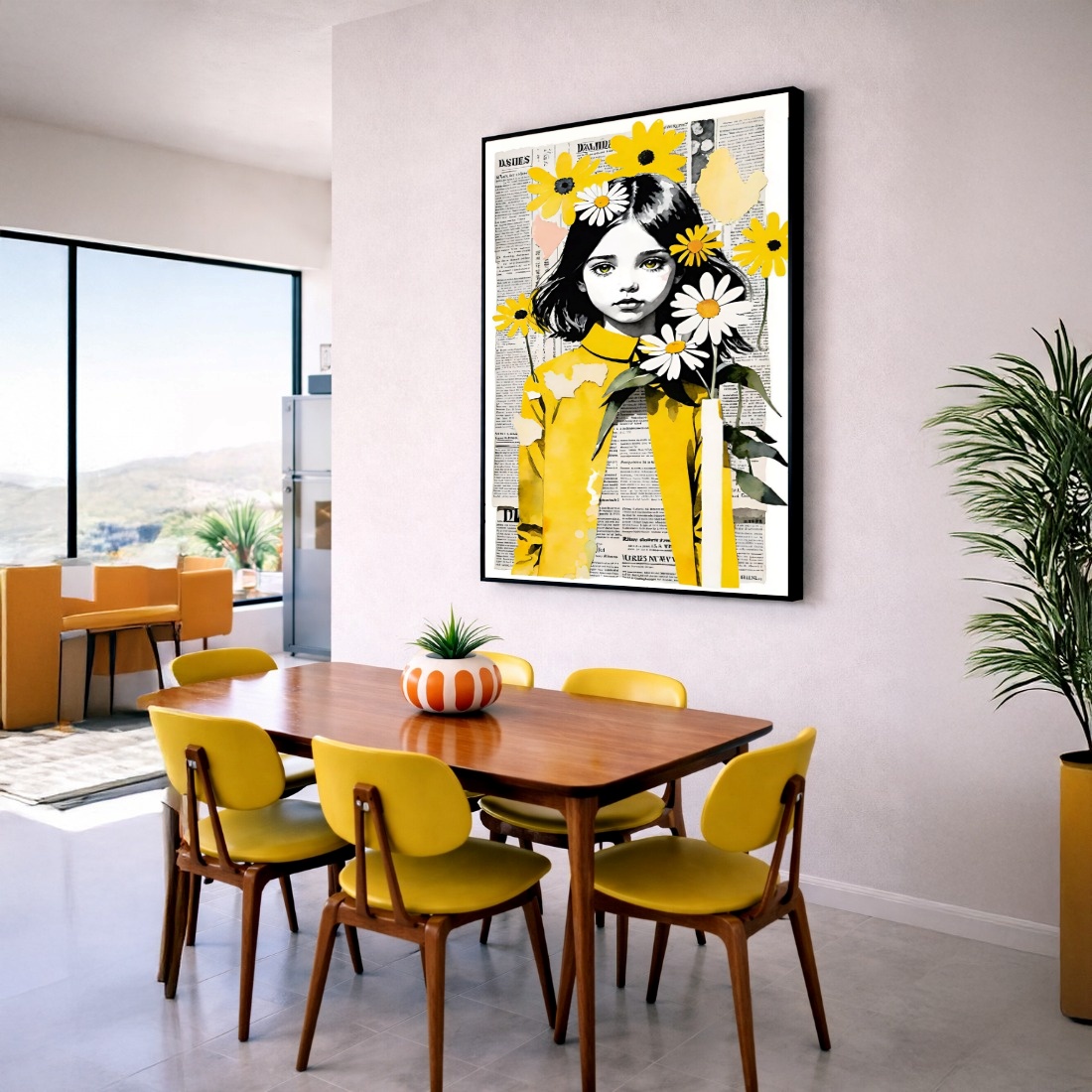 Quadro Canvas Menina com Margaridas e Flores Amarelo