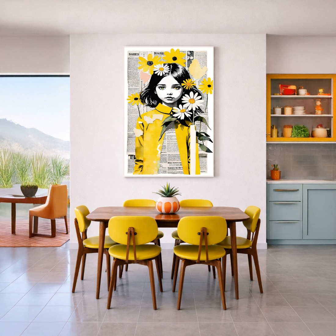 Quadro Canvas Menina com Margaridas e Flores Amarelo