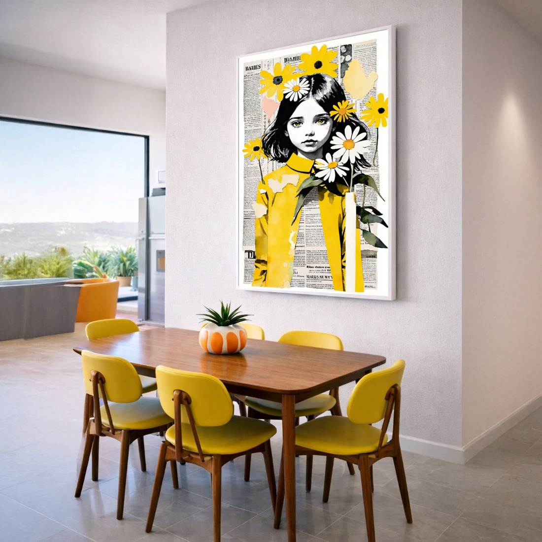 Quadro Canvas Menina com Margaridas e Flores Amarelo