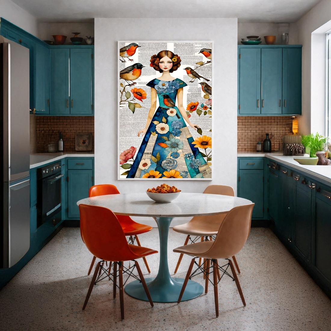Quadro Canvas Menina com Passarinhos e Flores