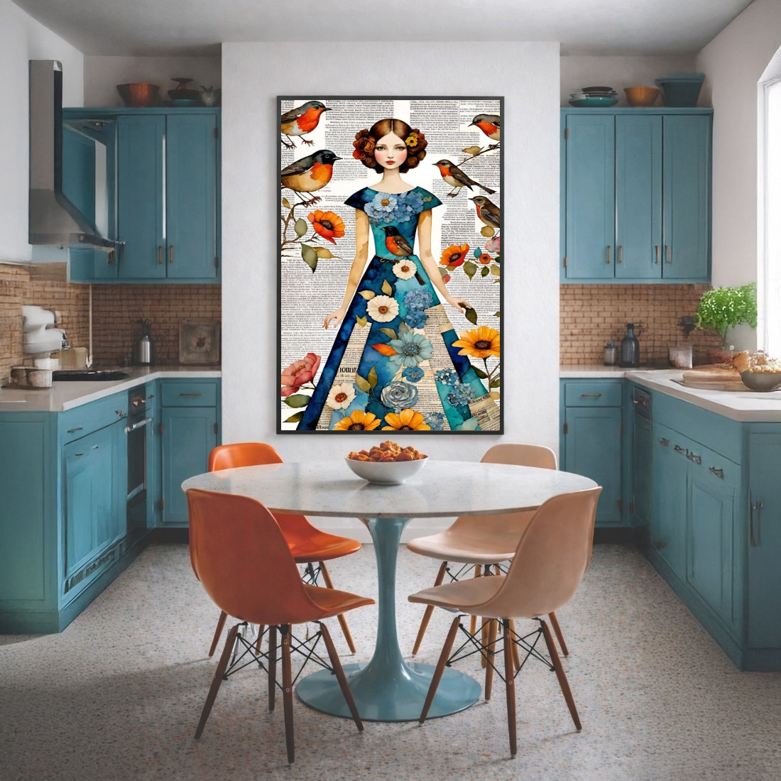 Quadro Canvas Menina com Passarinhos e Flores