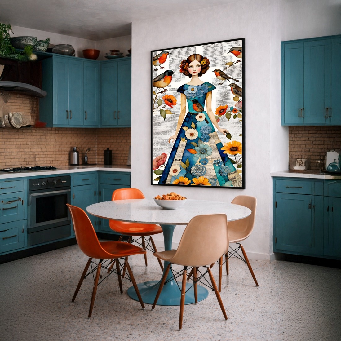 Quadro Canvas Menina com Passarinhos e Flores