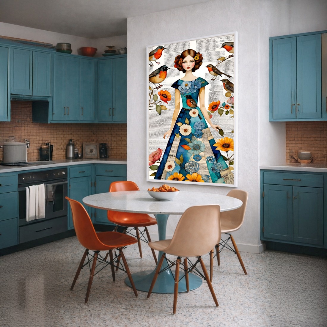 Quadro Canvas Menina com Passarinhos e Flores
