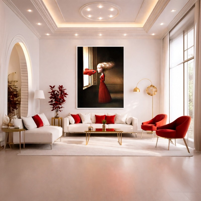 Quadro Canvas Menina e o Peixe Vermelho Surreal