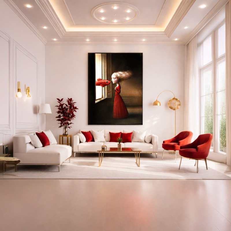 Quadro Canvas Menina e o Peixe Vermelho Surreal