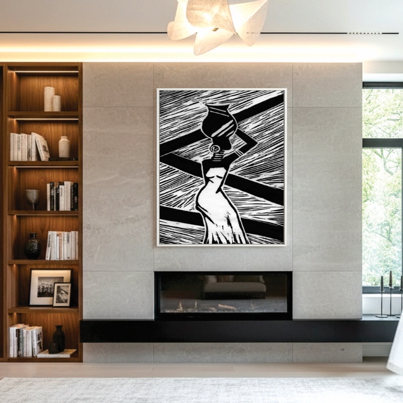 Quadro Canvas Mulher Africana Preto e Branco Geométrico
