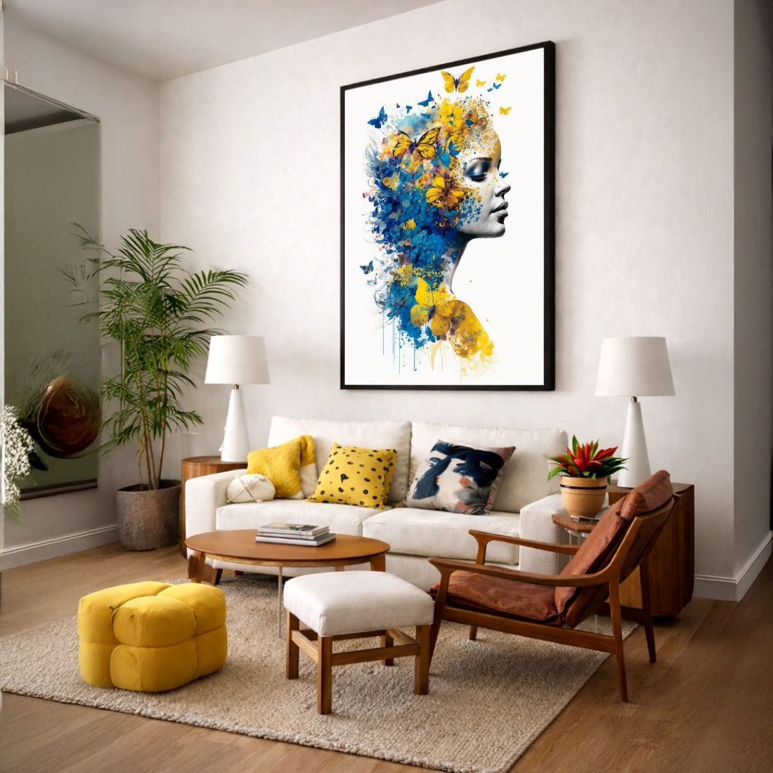 Quadro Canvas Mulher Borboletas Amarelo e Azul