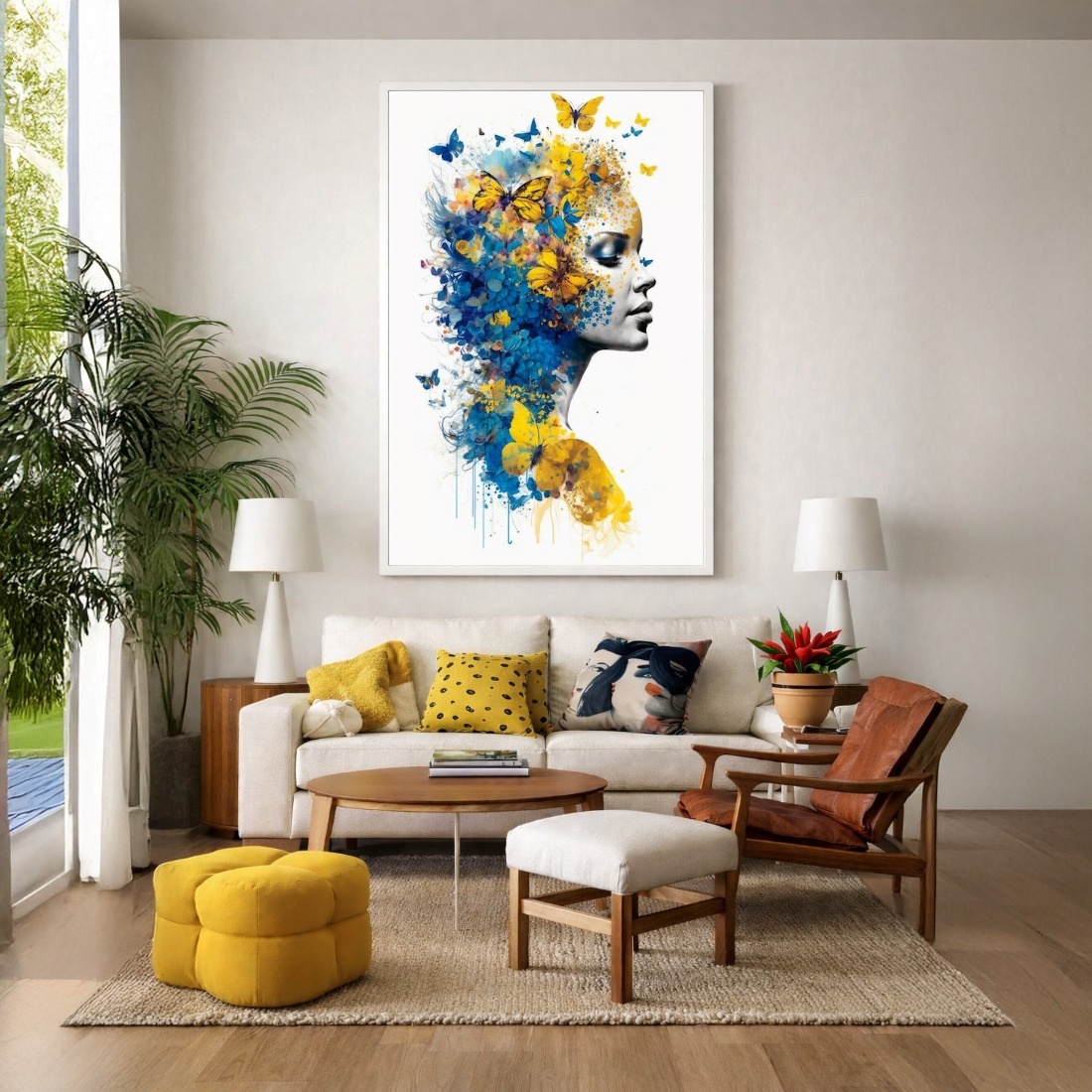 Quadro Canvas Mulher Borboletas Amarelo e Azul