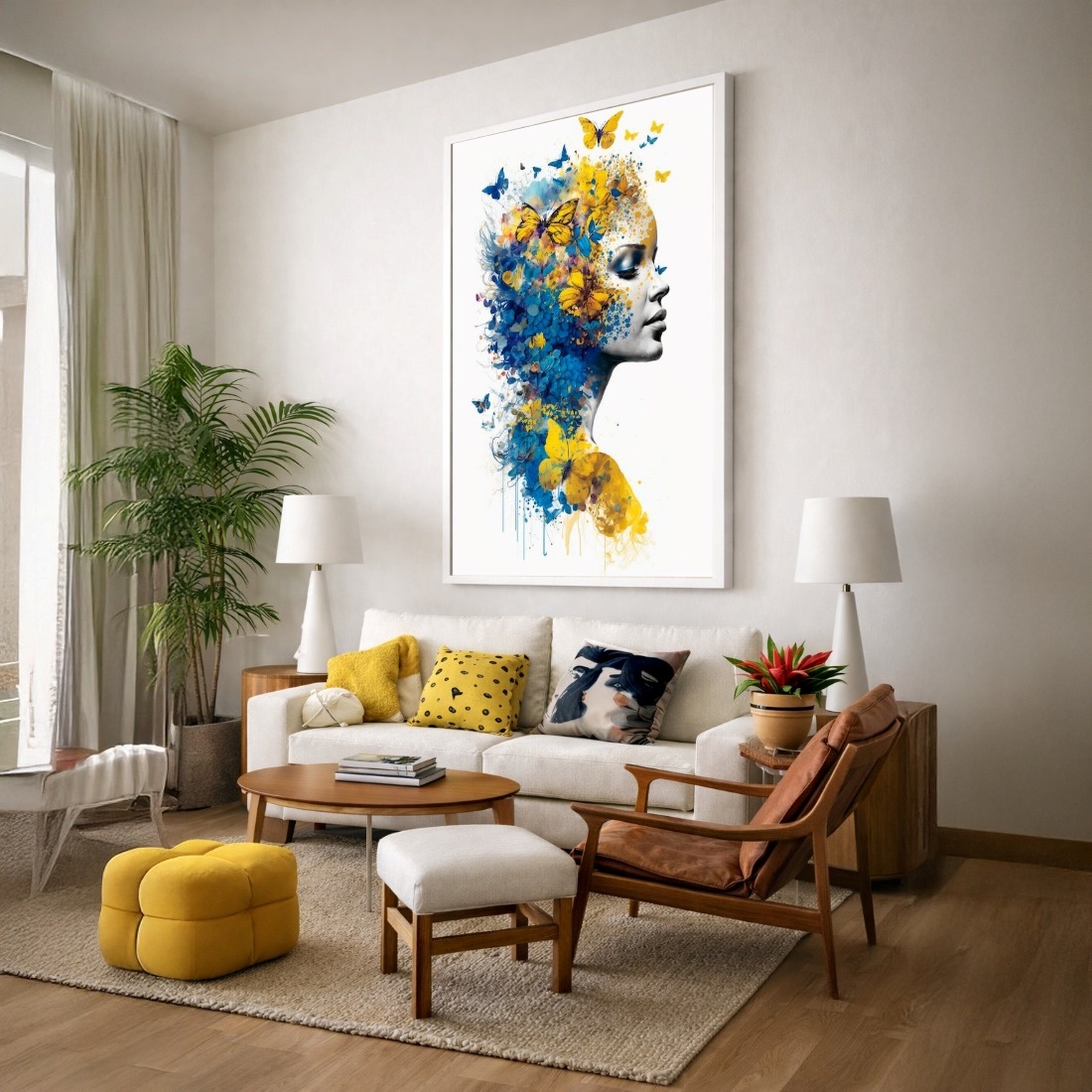 Quadro Canvas Mulher Borboletas Amarelo e Azul