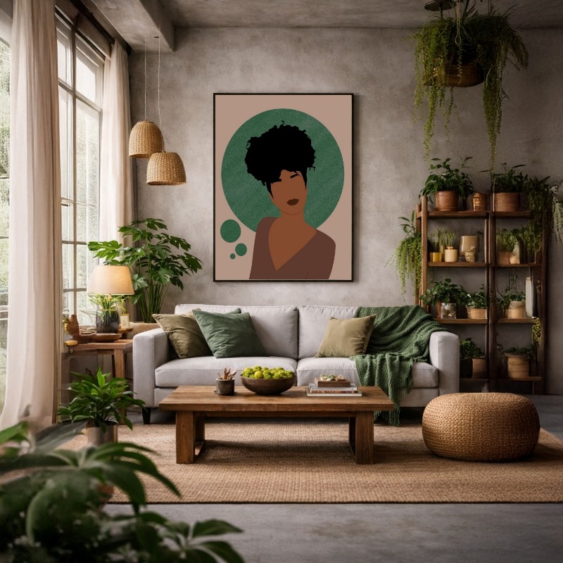 Quadro Canvas Mulher Desenho Círculo Verde