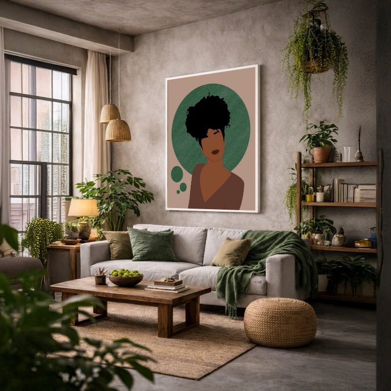 Quadro Canvas Mulher Desenho Círculo Verde