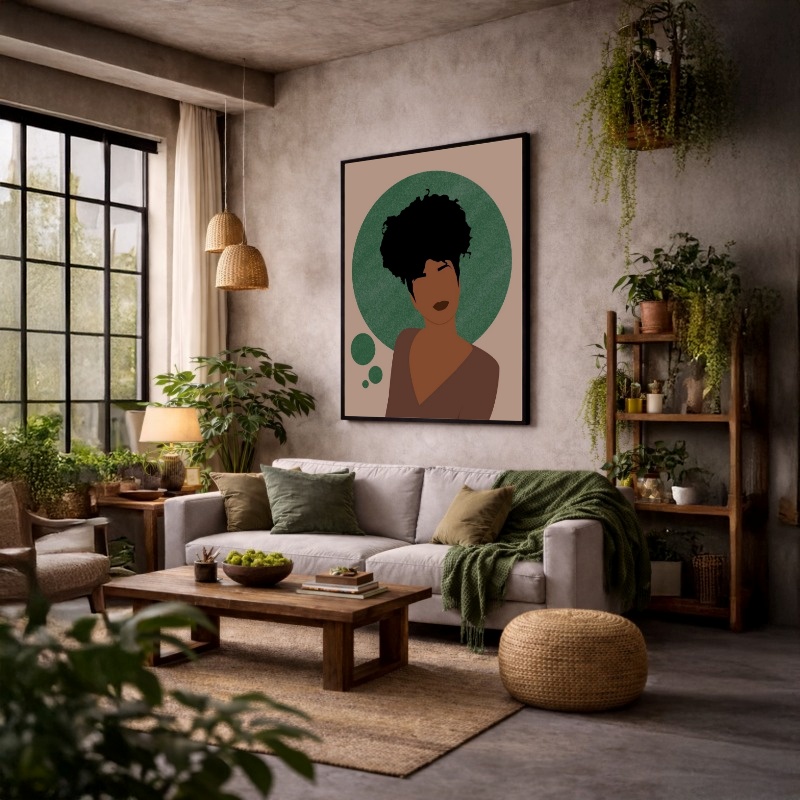 Quadro Canvas Mulher Desenho Círculo Verde