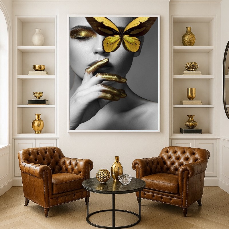 Quadro Canvas Mulher Dourado Glamour Borboleta