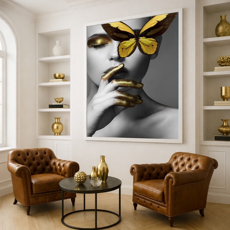 Quadro Canvas Mulher Dourado Glamour Borboleta