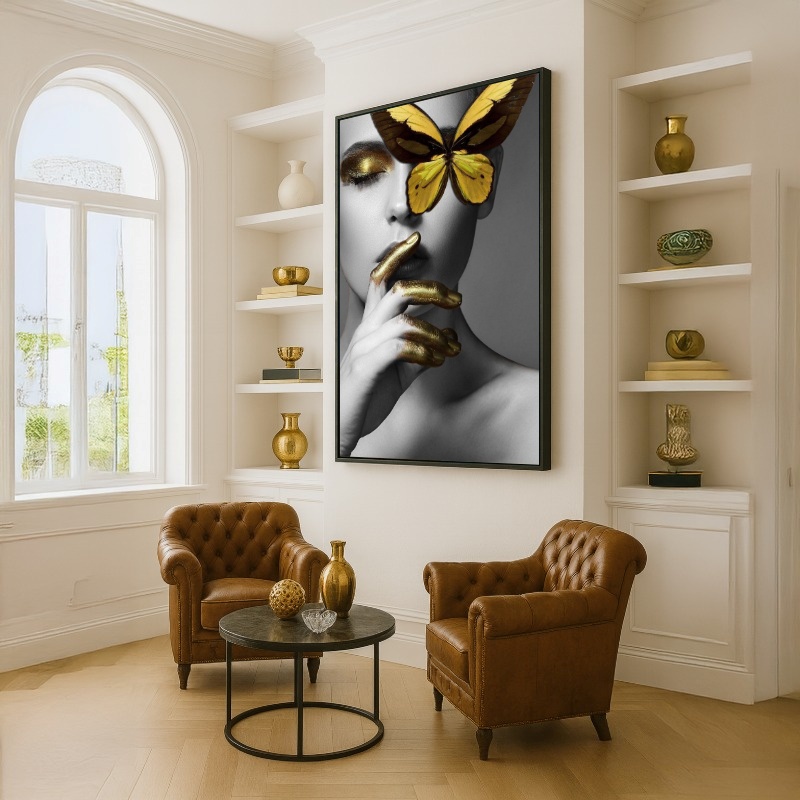 Quadro Canvas Mulher Dourado Glamour Borboleta