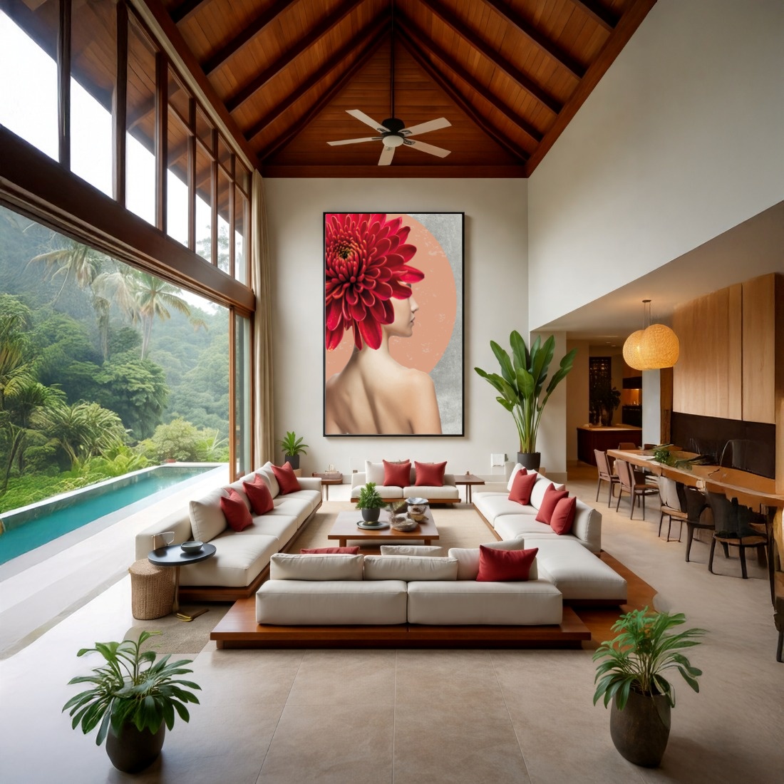 Quadro Canvas Mulher Flor Vermelha Feminilidade