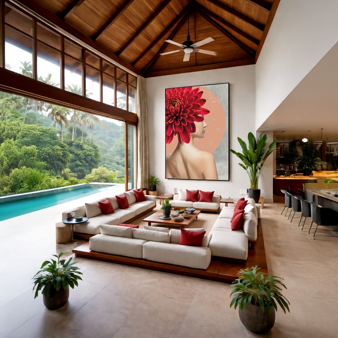 Quadro Canvas Mulher Flor Vermelha Feminilidade