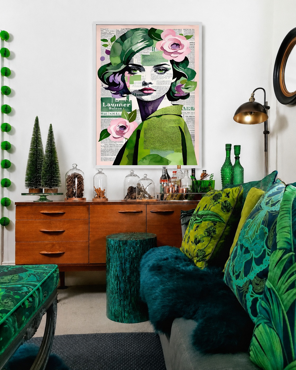 Quadro Canvas Mulher Floral Verde Jornal