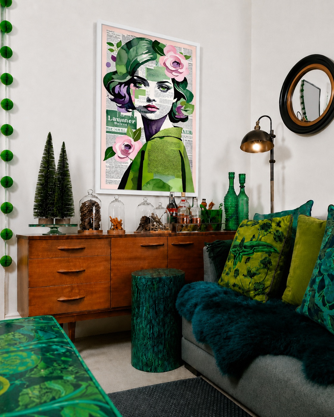 Quadro Canvas Mulher Floral Verde Jornal