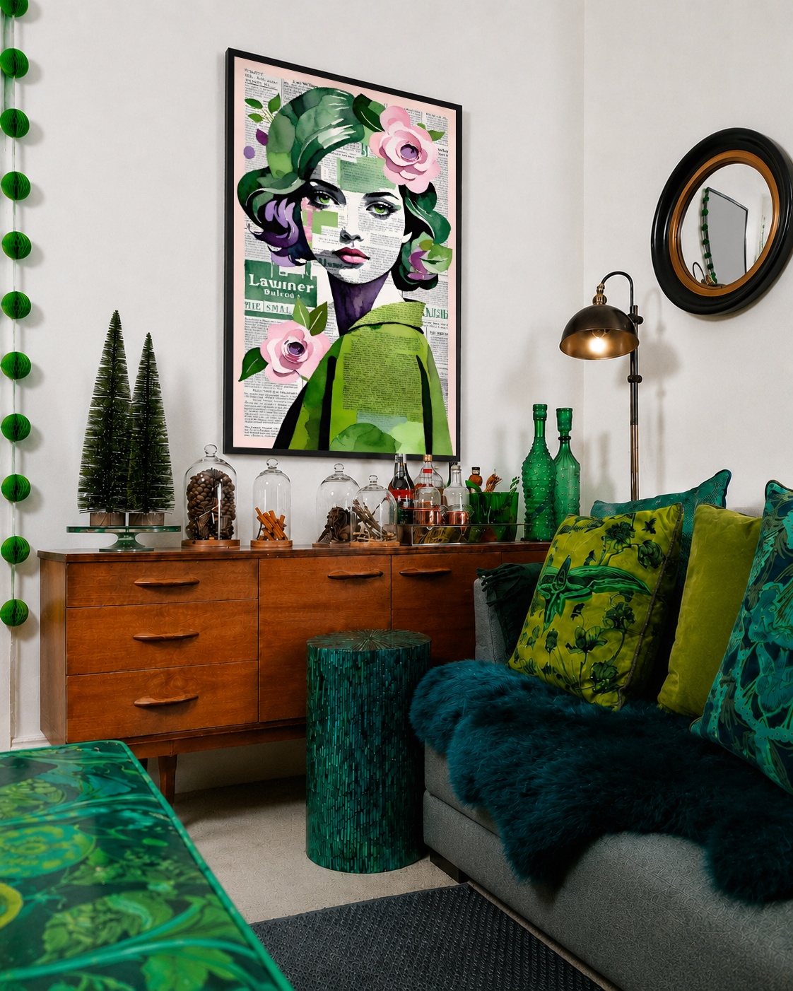 Quadro Canvas Mulher Floral Verde Jornal