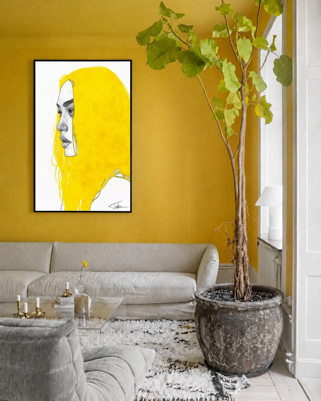 Quadro Canvas Mulher Ilustração Cabelo Amarelo