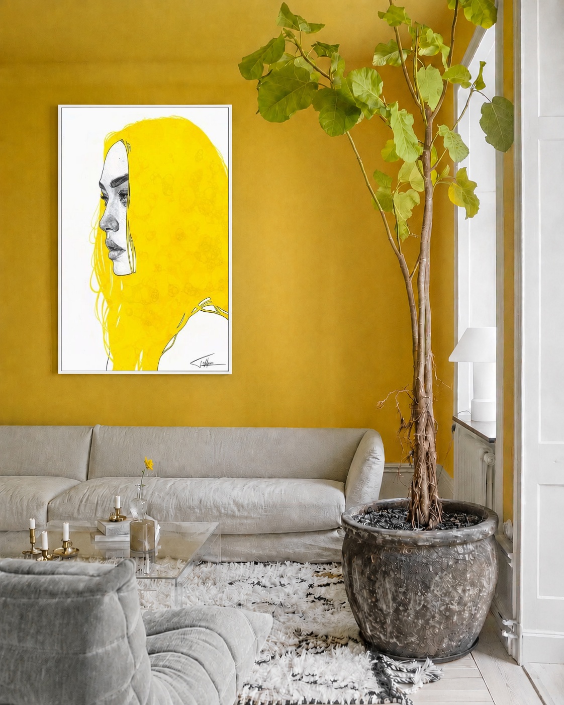 Quadro Canvas Mulher Ilustração Cabelo Amarelo