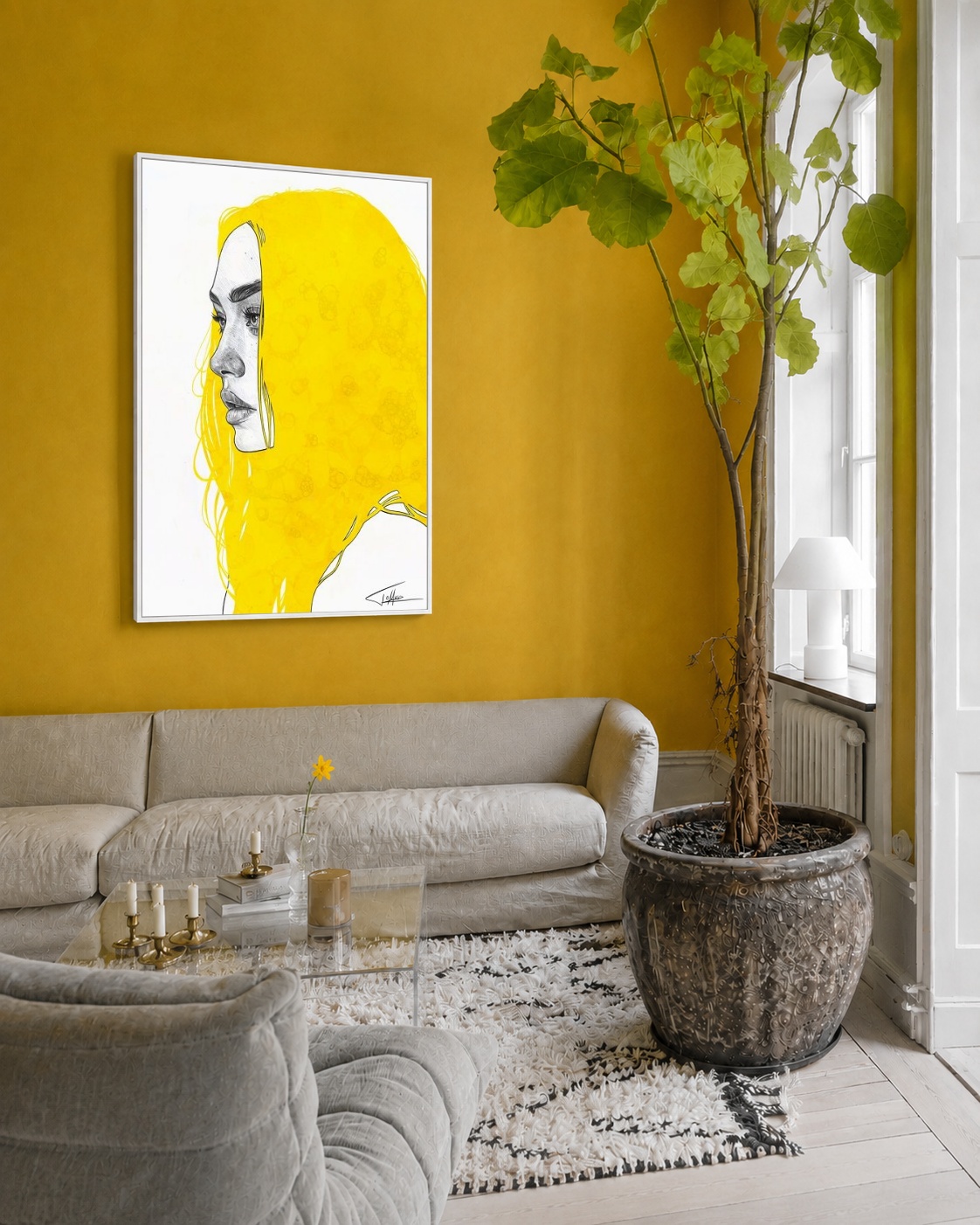 Quadro Canvas Mulher Ilustração Cabelo Amarelo