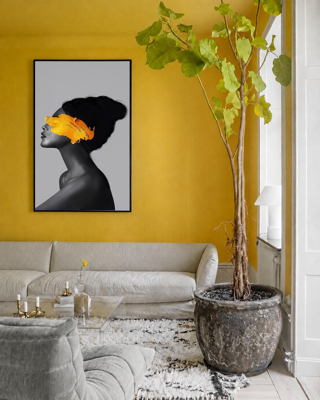 Quadro Canvas Mulher Pincelada Rabisco Tinta Amarela