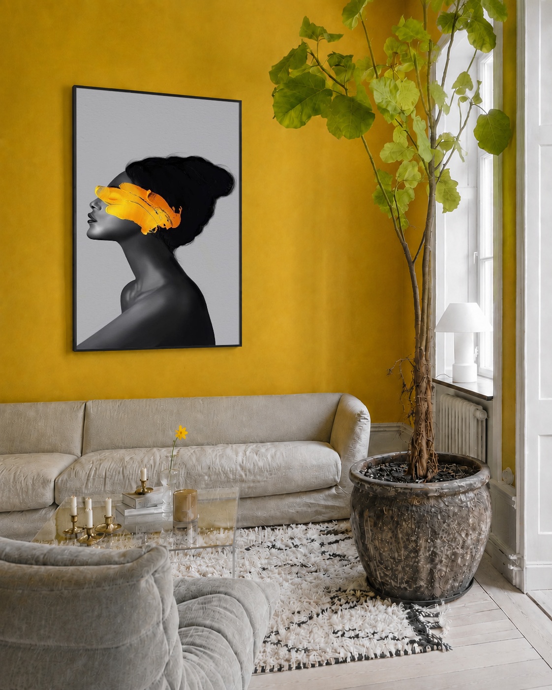 Quadro Canvas Mulher Pincelada Rabisco Tinta Amarela