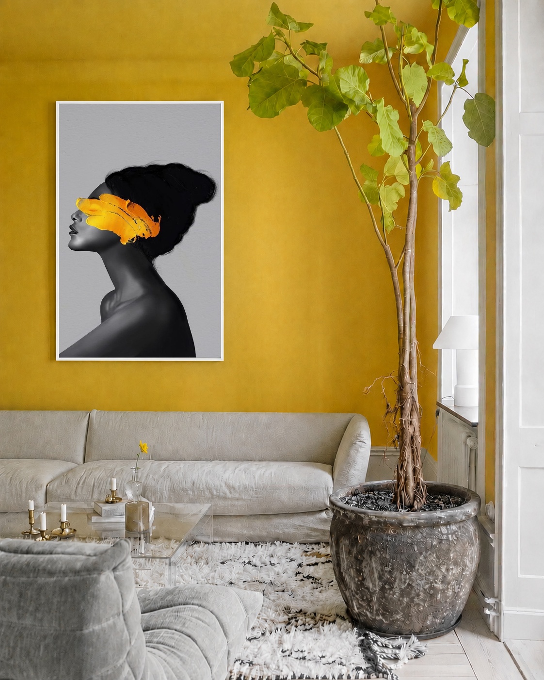 Quadro Canvas Mulher Pincelada Rabisco Tinta Amarela