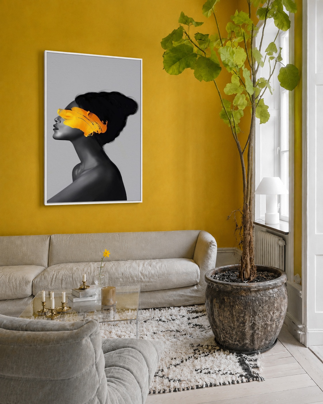 Quadro Canvas Mulher Pincelada Rabisco Tinta Amarela