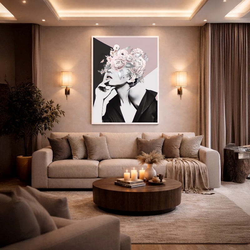 Quadro Canvas Mulher Pose Rosto com Flores